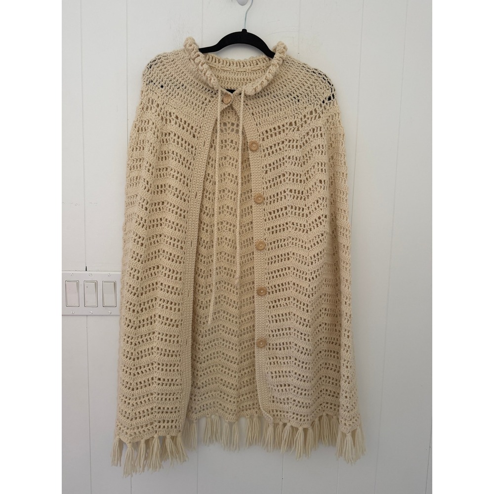 Vintage Handmade Crochet Cape Cream Ivory Ruffle Collar Fringe Boho Poncho